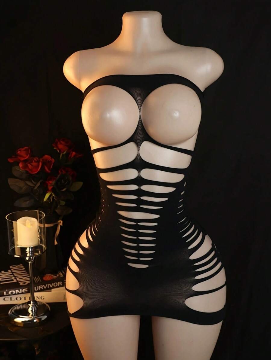 SHEIN بودي لانجري ستوكينغ شبكي أسود بدون حمالات