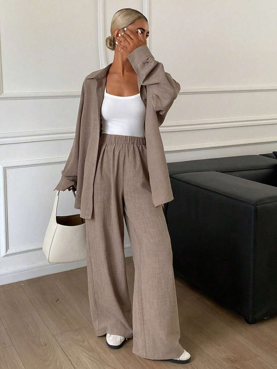 SHEIN Livesso طقم مكون من قطعتين بلون بني قهوة