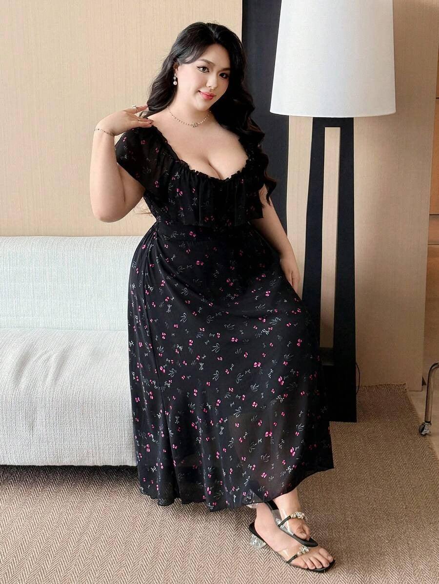 SHEIN فستان ناعم وخفيف بقماش شيفون مبطن شيفون أسود مطبع بالورد