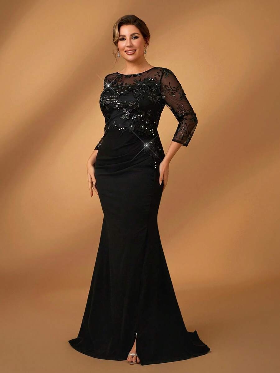 SHEIN Serin فستان سهرة أسود طويل دانتيل راقي
