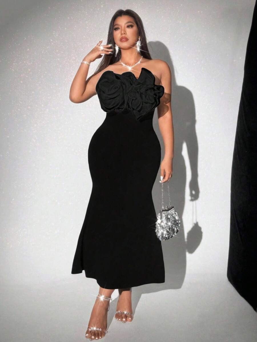SHEIN Selianne فستان اسود طويل شيفون مزين بزهرات