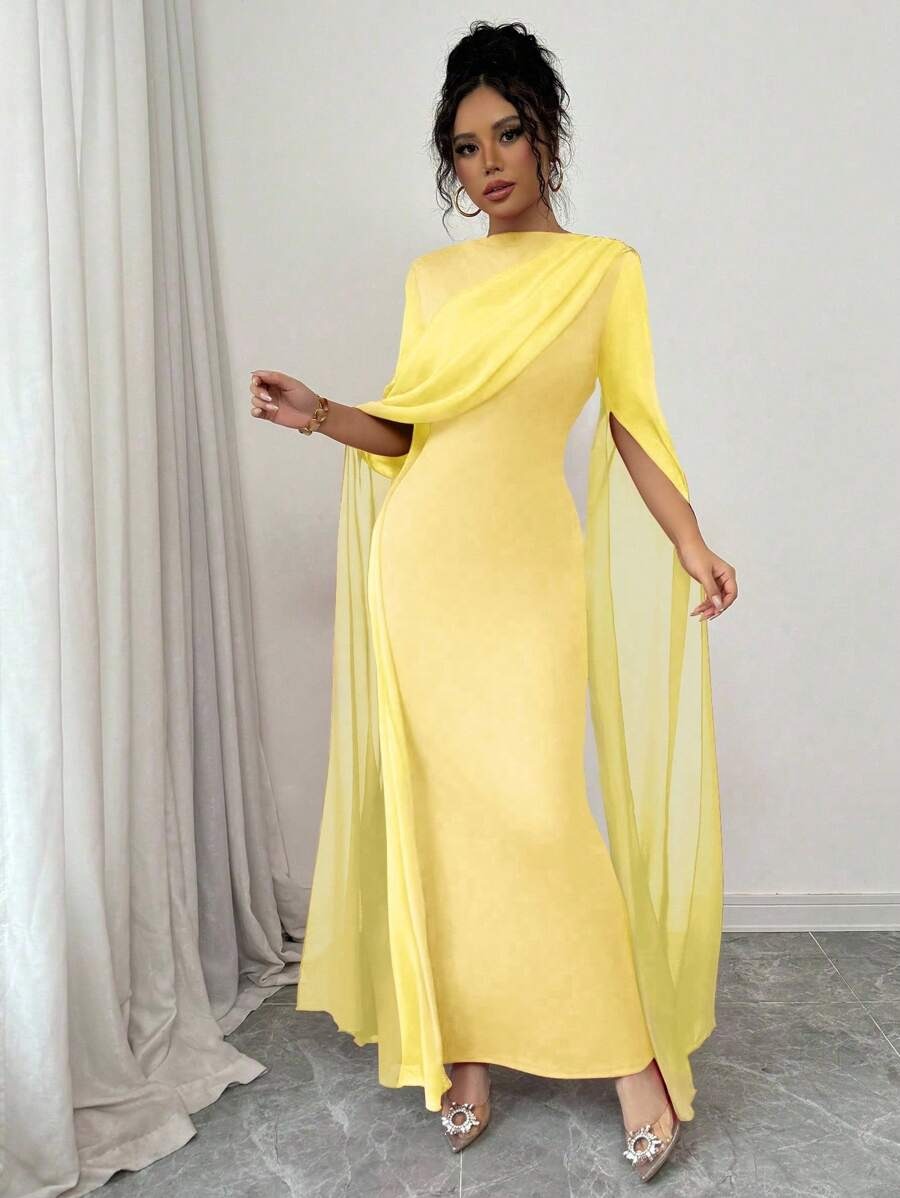 SHEIN Rafferiza فستان أصفر طويل بأكمام طويلة