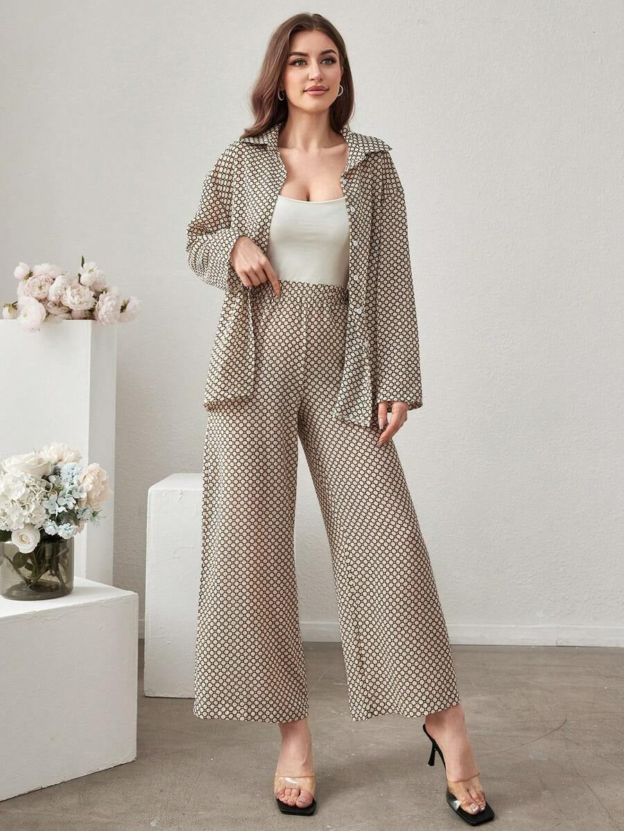 SHEIN Mulvari طقم مكون من قميص بأكمام طويلة مع بنطلون بلون كاكي
