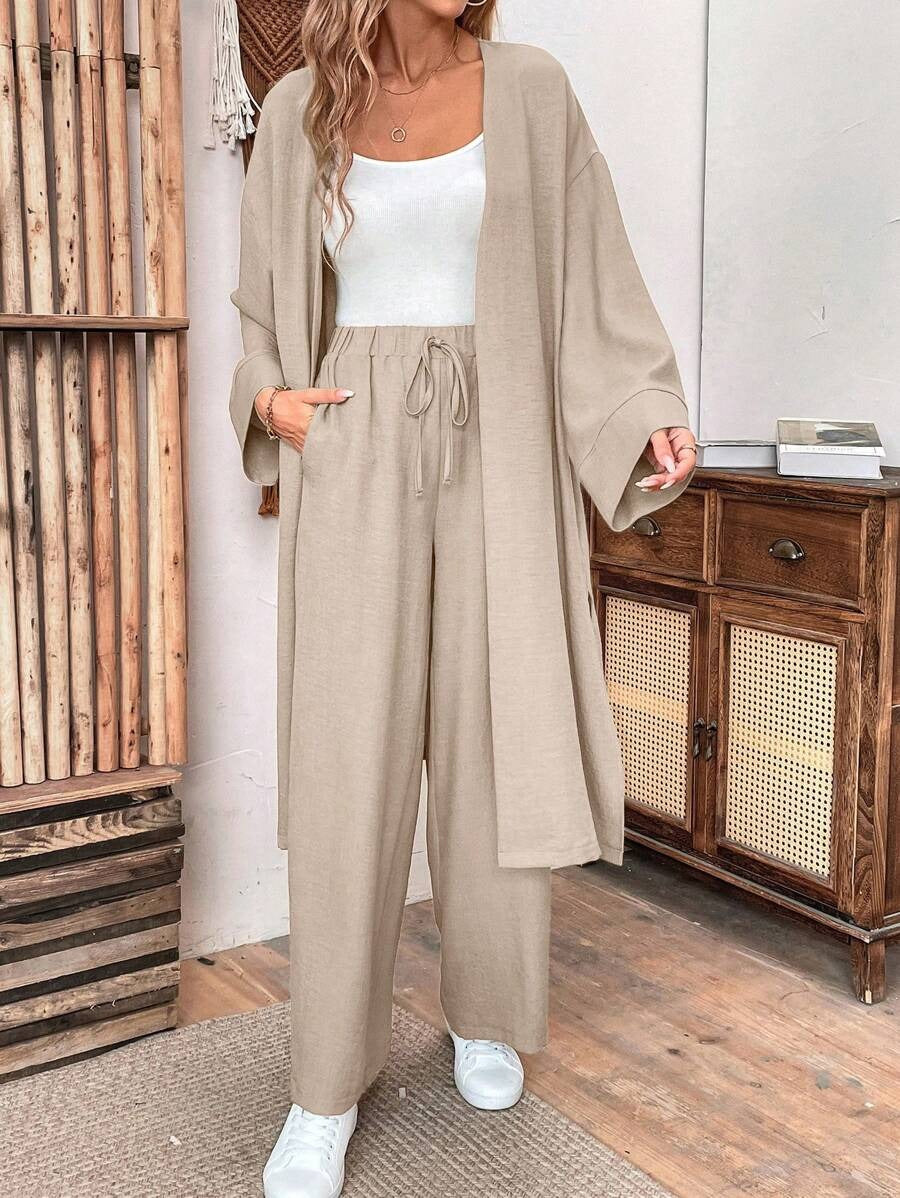 SHEIN طقم كتان كاجوال بلون كاكي مكون من جاكيت طويل وبنطال واسع الساق