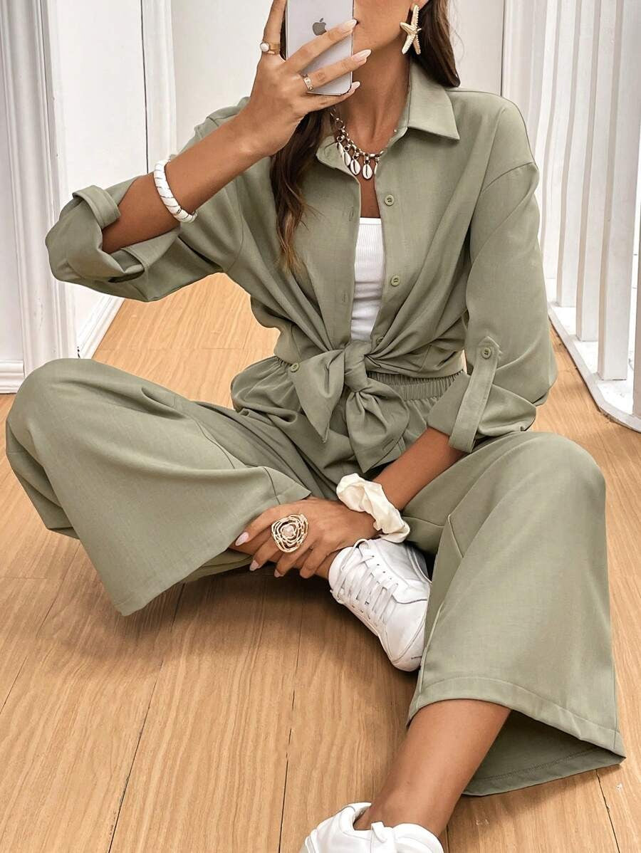 SHEIN Frenchy طقم من قطعتين، قميص بأكمام طويلة وسروال واسع لون اخضر