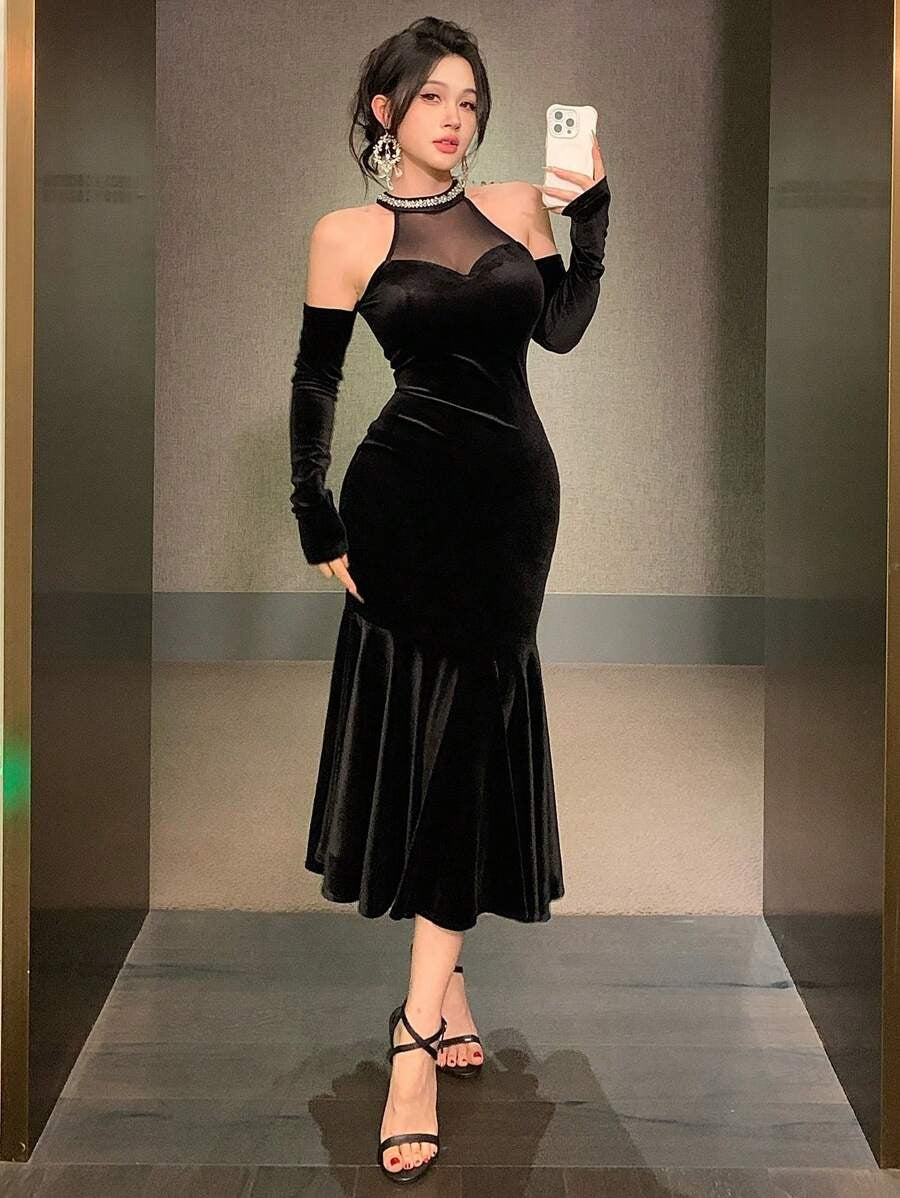 SHEIN DAZY فستان أسود شفاف من الشبك طويل