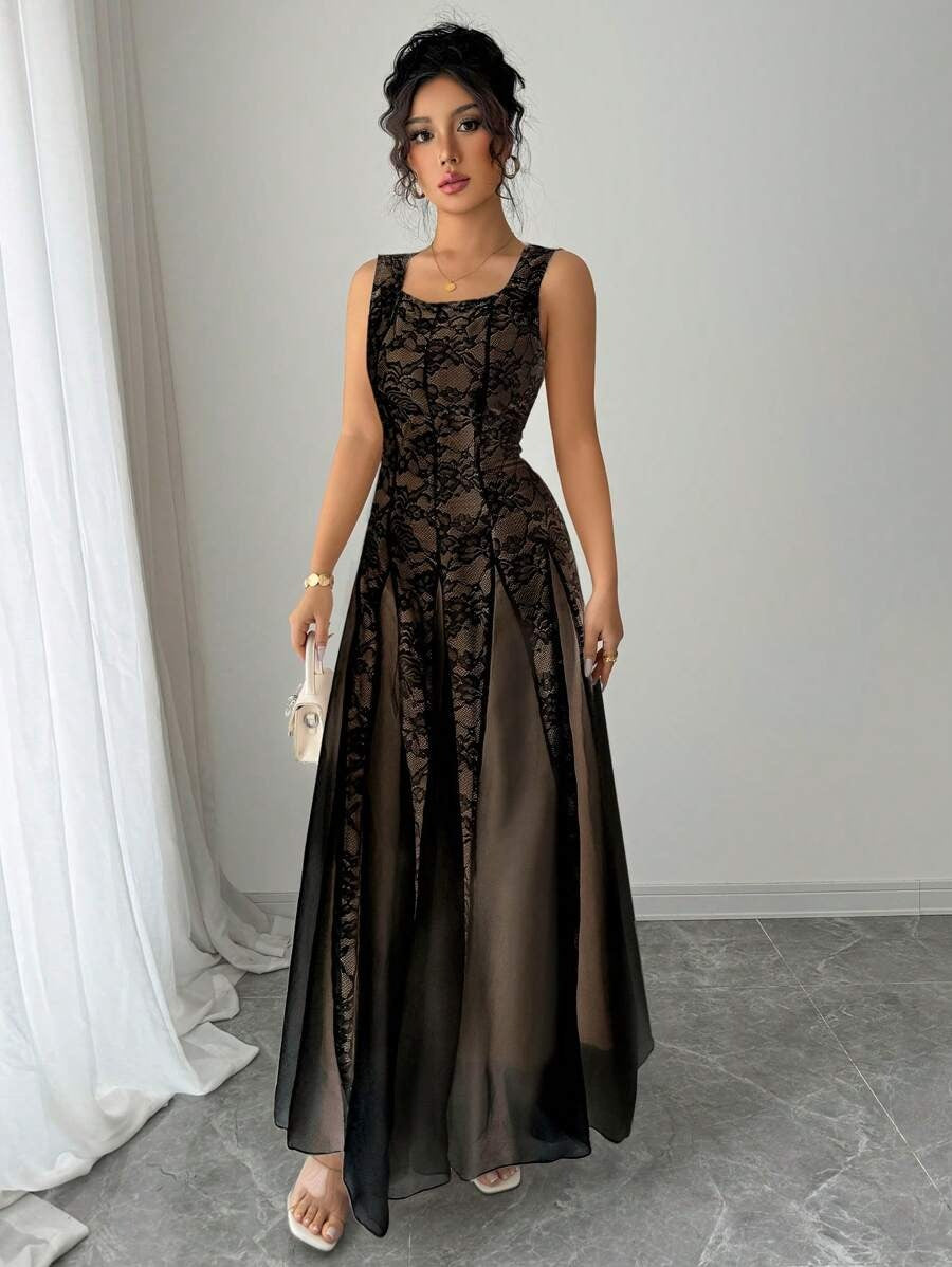SHEIN Rafferiza فستان دانتيل أنيق أسود