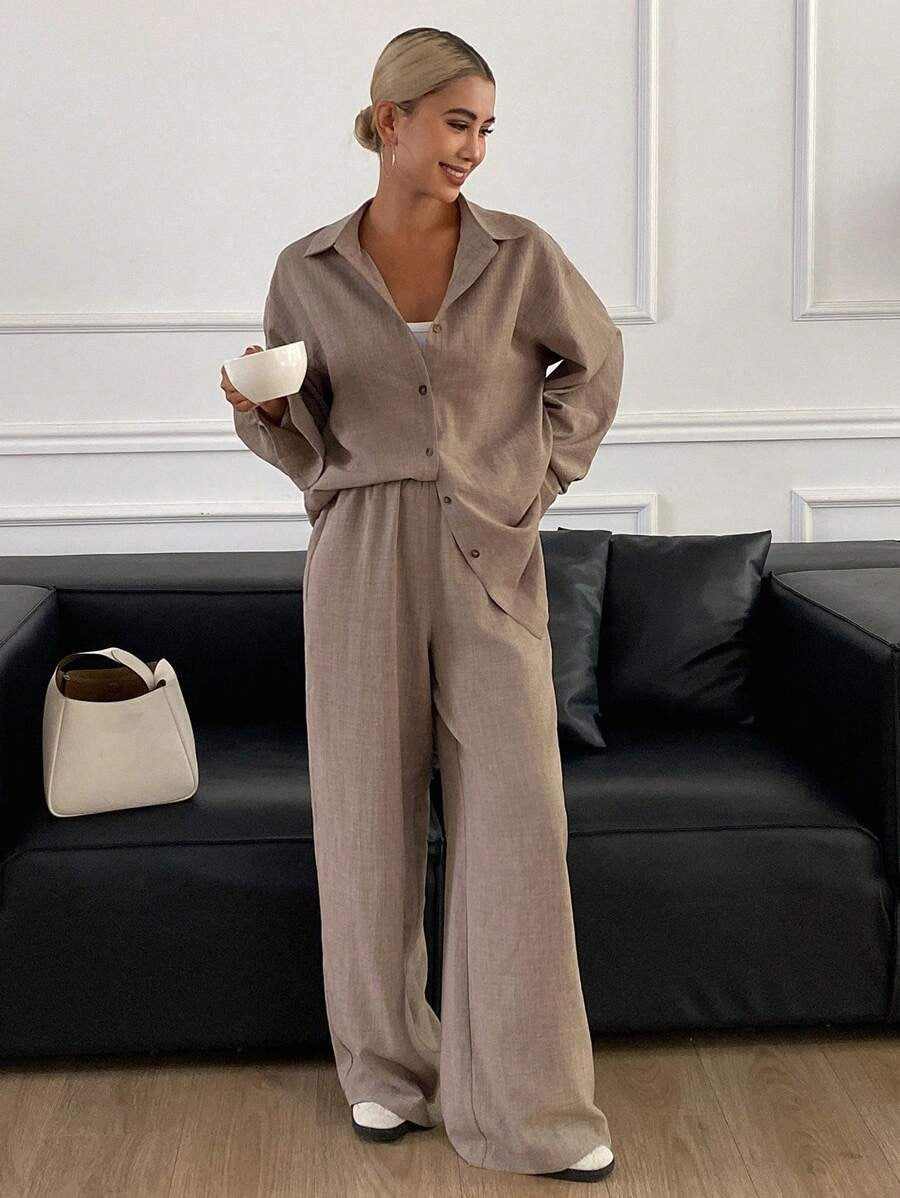 SHEIN Livesso طقم مكون من قطعتين بلون بني قهوة