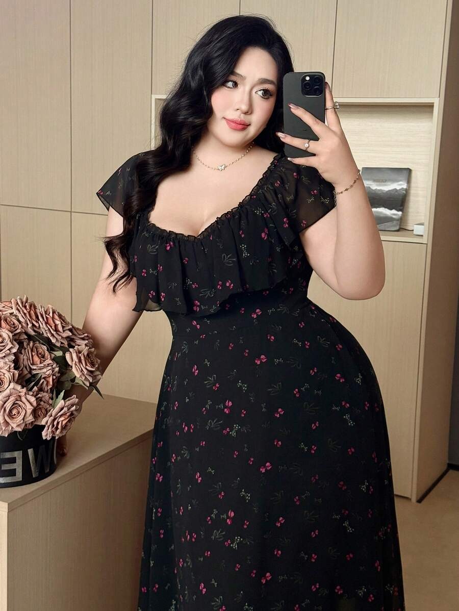 SHEIN فستان ناعم وخفيف بقماش شيفون مبطن شيفون أسود مطبع بالورد