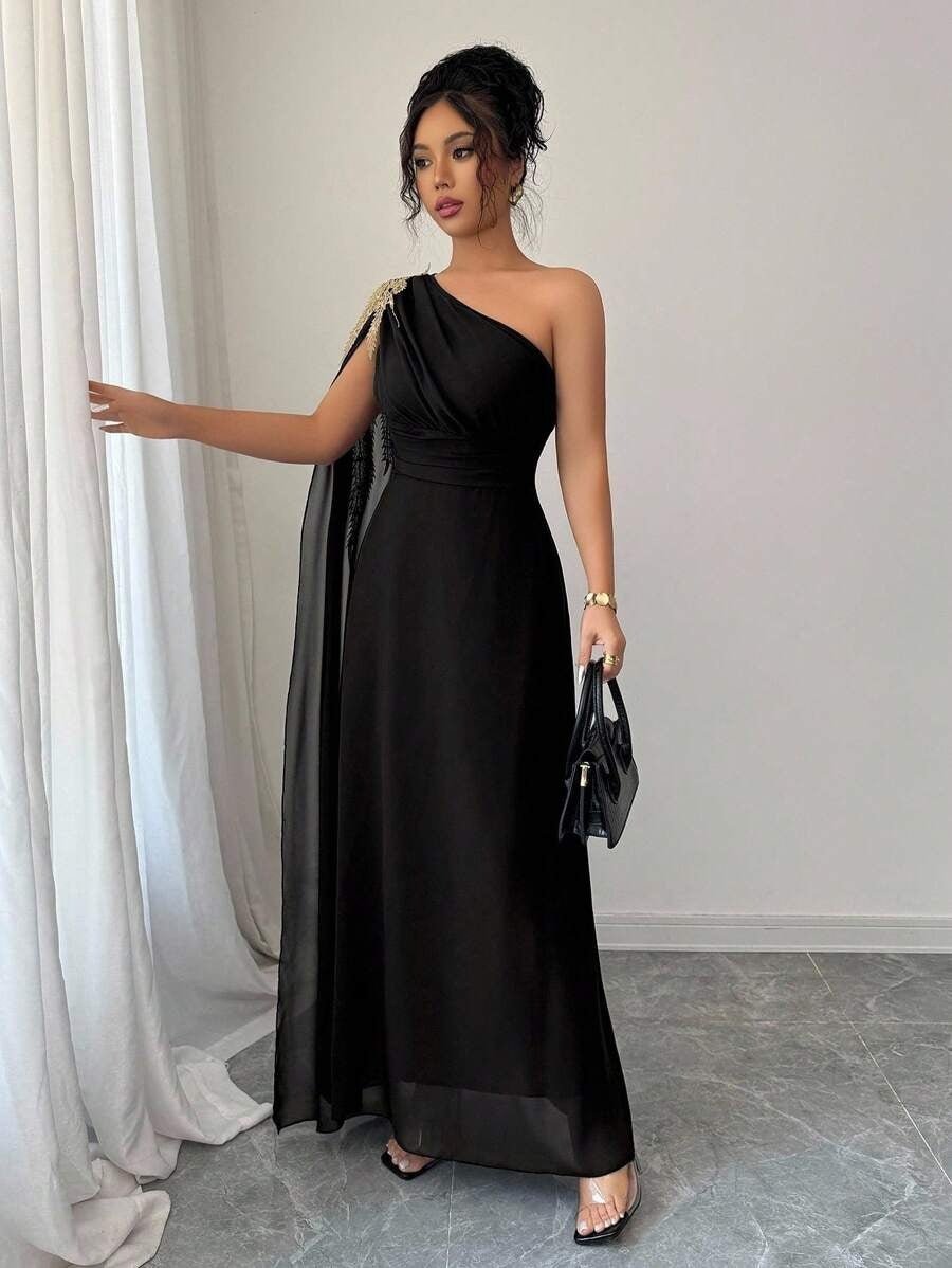 SHEIN Rafferiza فستان أسود حرير بشبك وتطريز ذهبي