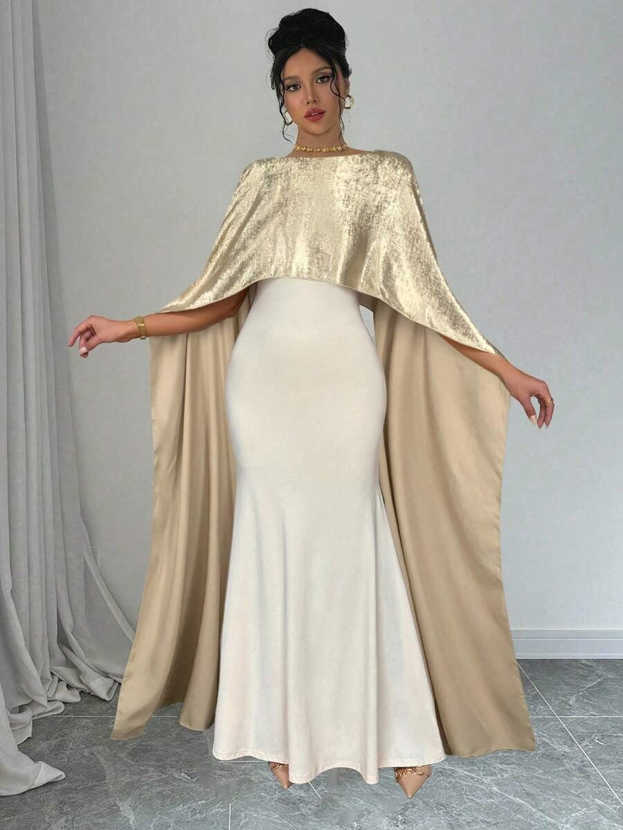SHEIN Rafferiza فستان سهرة ذهبي ساتان مع شال