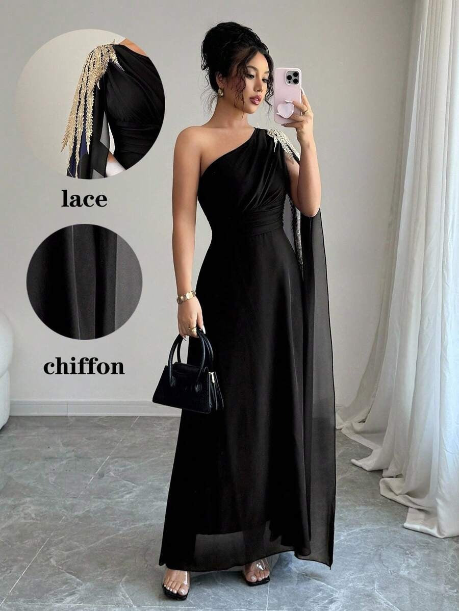 SHEIN Rafferiza فستان أسود حرير بشبك وتطريز ذهبي
