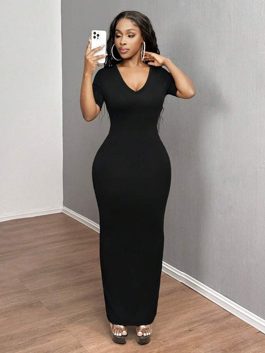 SHEIN SXY فستان أسود ضيق بأكمام قصيرة