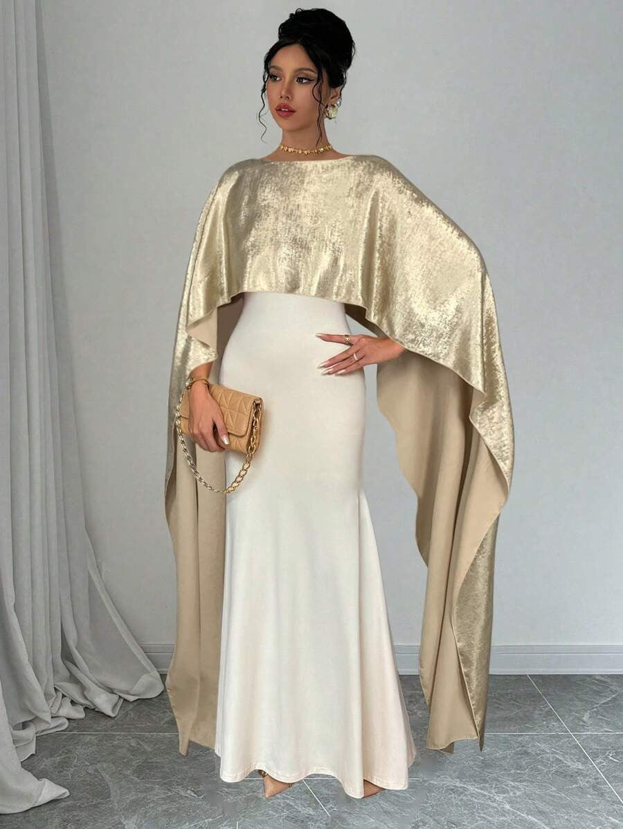 SHEIN Rafferiza فستان سهرة ذهبي ساتان مع شال