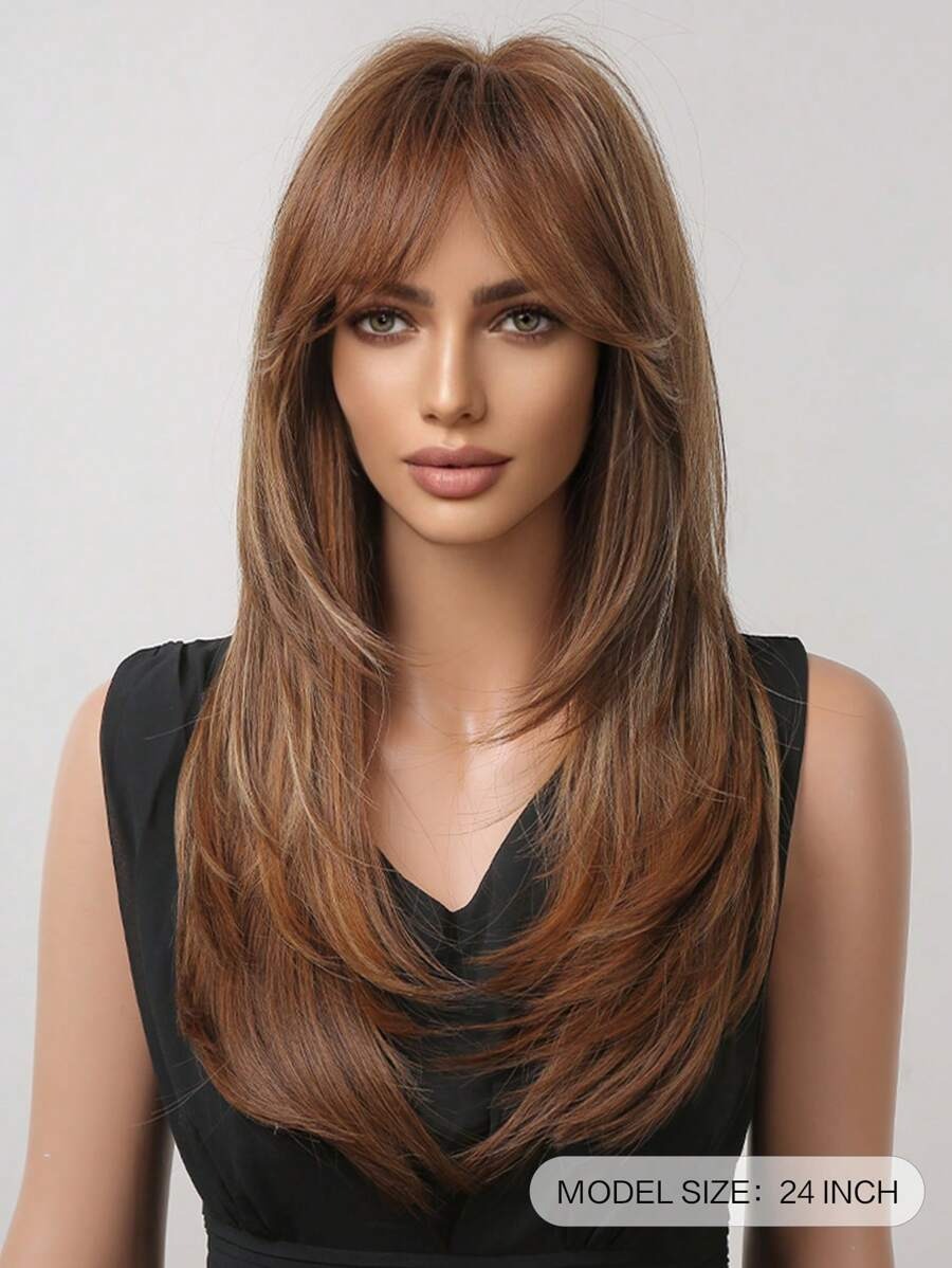 SHEIN باروكة شعر مستقيم بني مظلل مع غرة