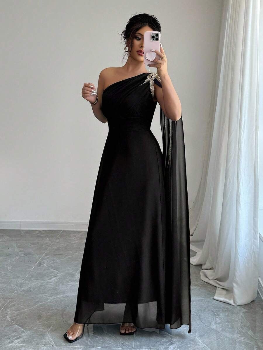 SHEIN Rafferiza فستان أسود حرير بشبك وتطريز ذهبي