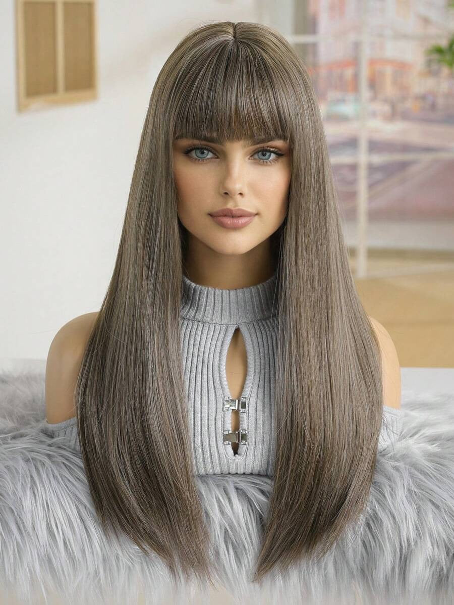 SHEIN باروكة شعر مستقيم بني مع غرة