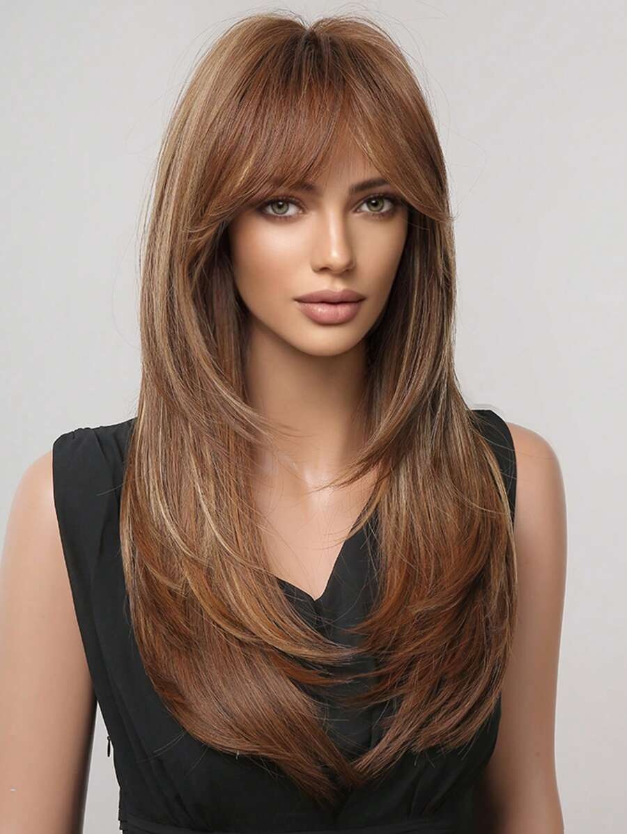 SHEIN باروكة شعر مستقيم بني مظلل مع غرة