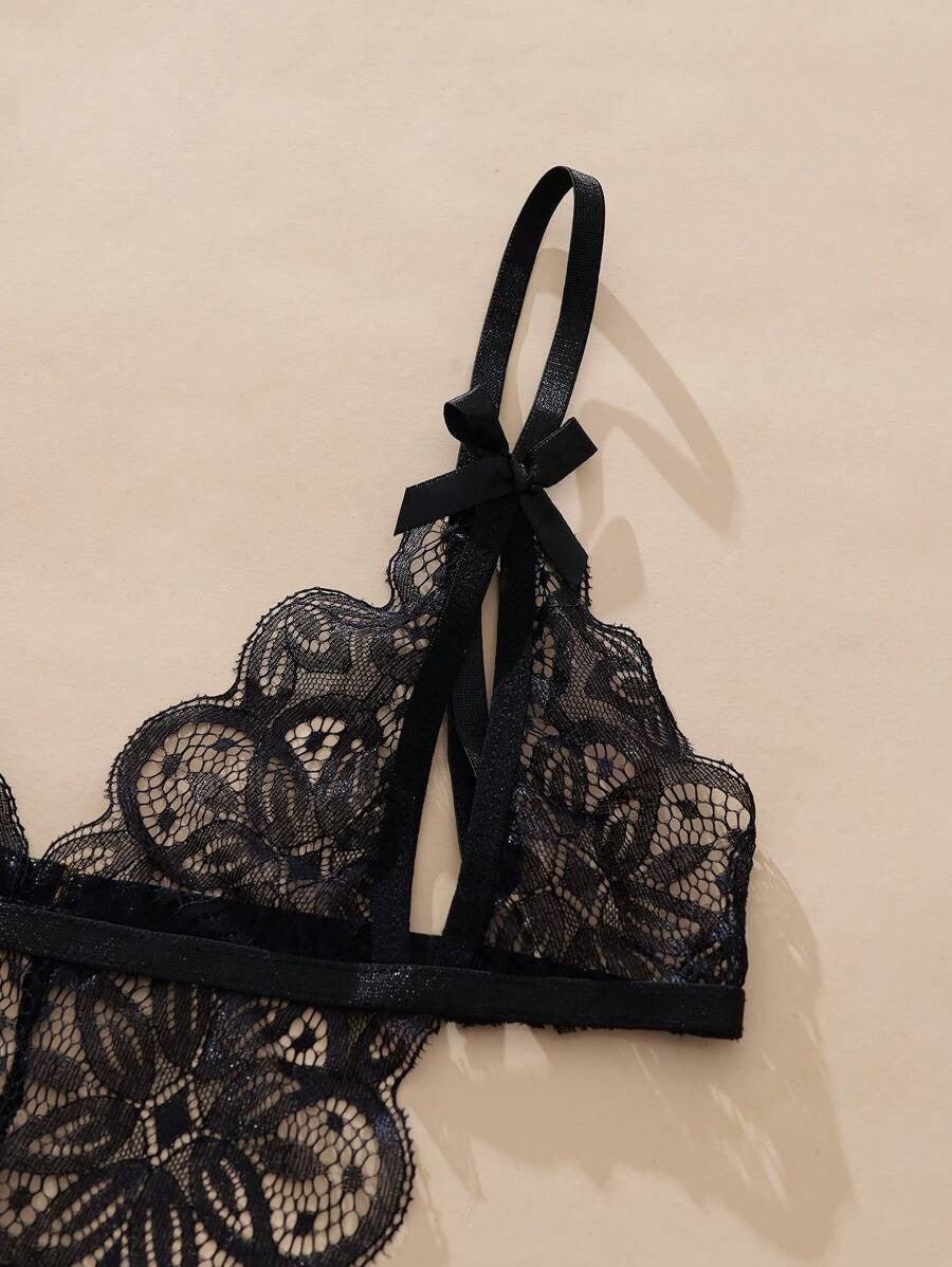 SHEIN Ning xue yan ying بوديسوت دانتيل أسود مفتوح مع فيونكة