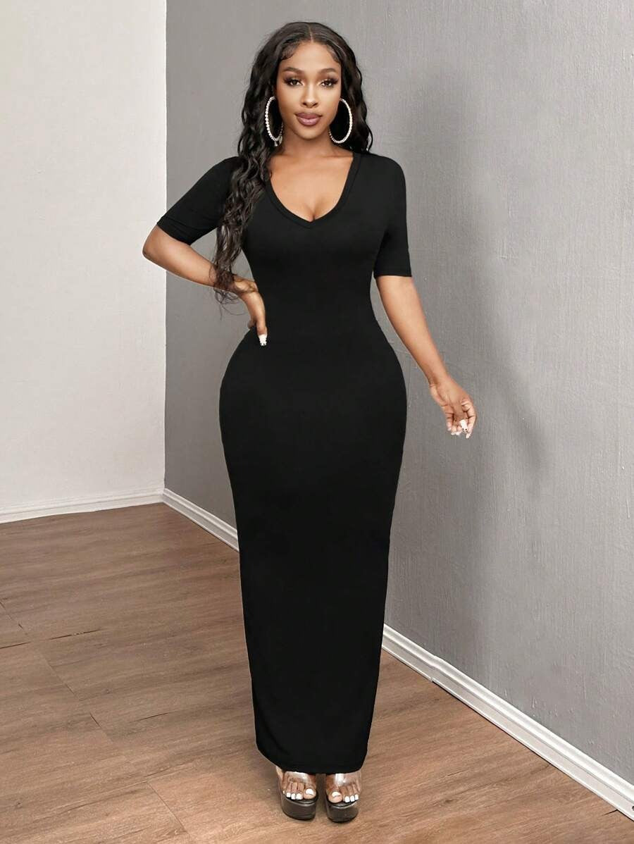 SHEIN SXY فستان أسود ضيق بأكمام قصيرة