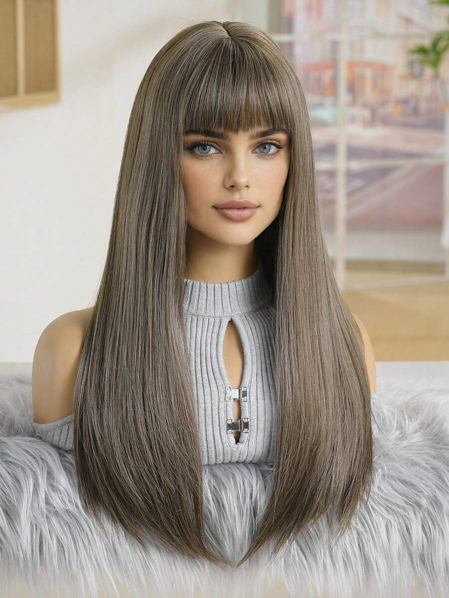 SHEIN باروكة شعر مستقيم بني مع غرة