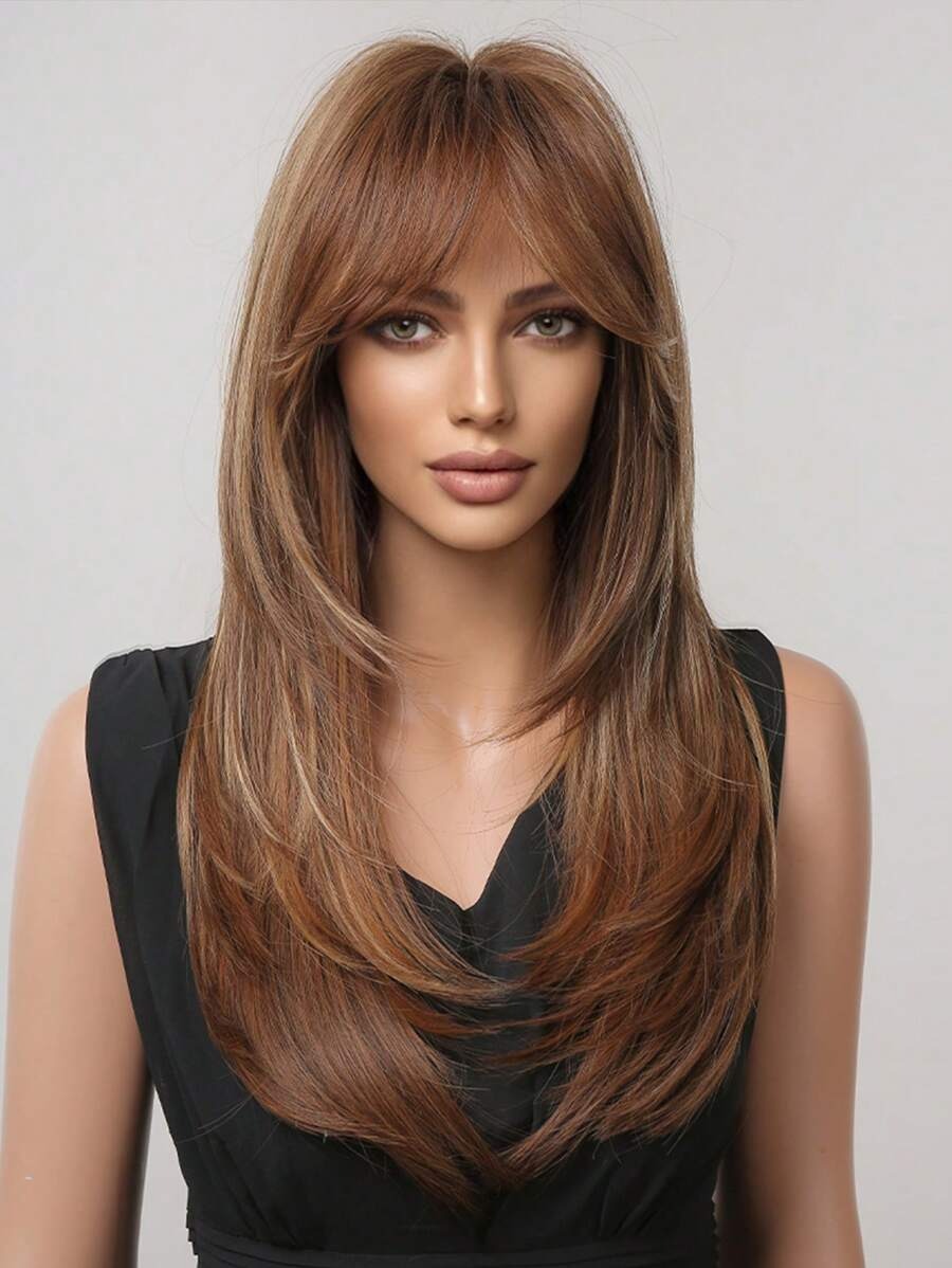 SHEIN باروكة شعر مستقيم بني مظلل مع غرة