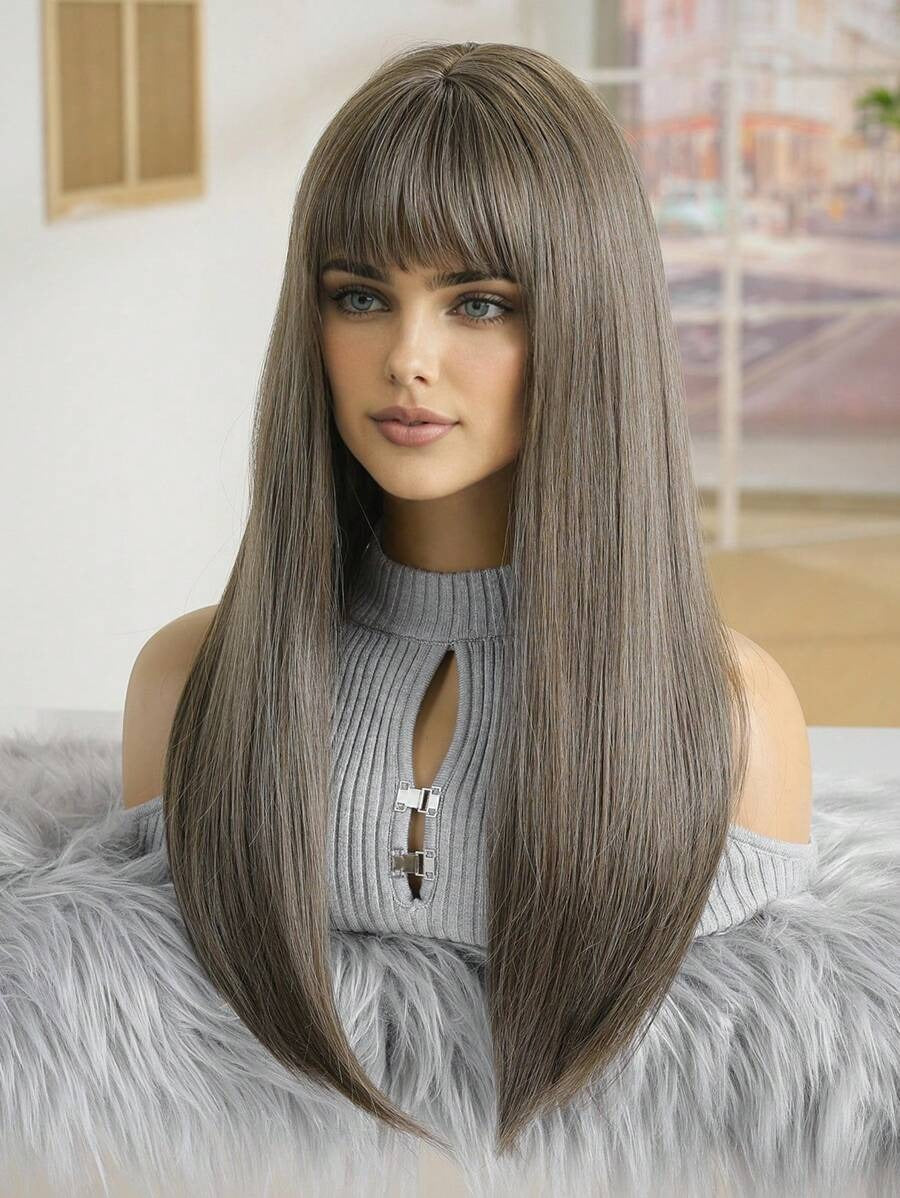 SHEIN باروكة شعر مستقيم بني مع غرة