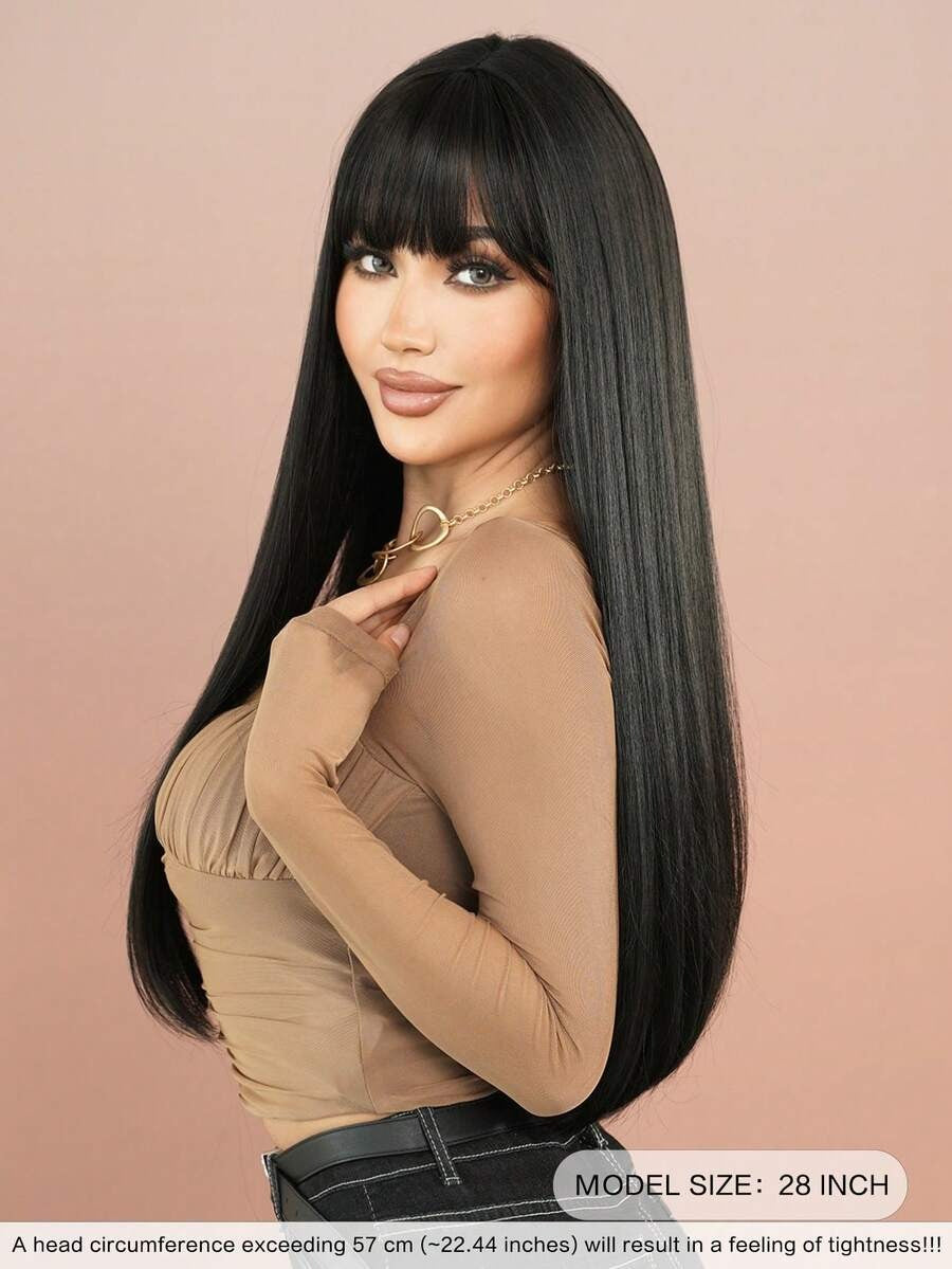 SHEIN 7JHH WIGS شعر ناعم وطويل بلون أسود طبيعي مع غرة