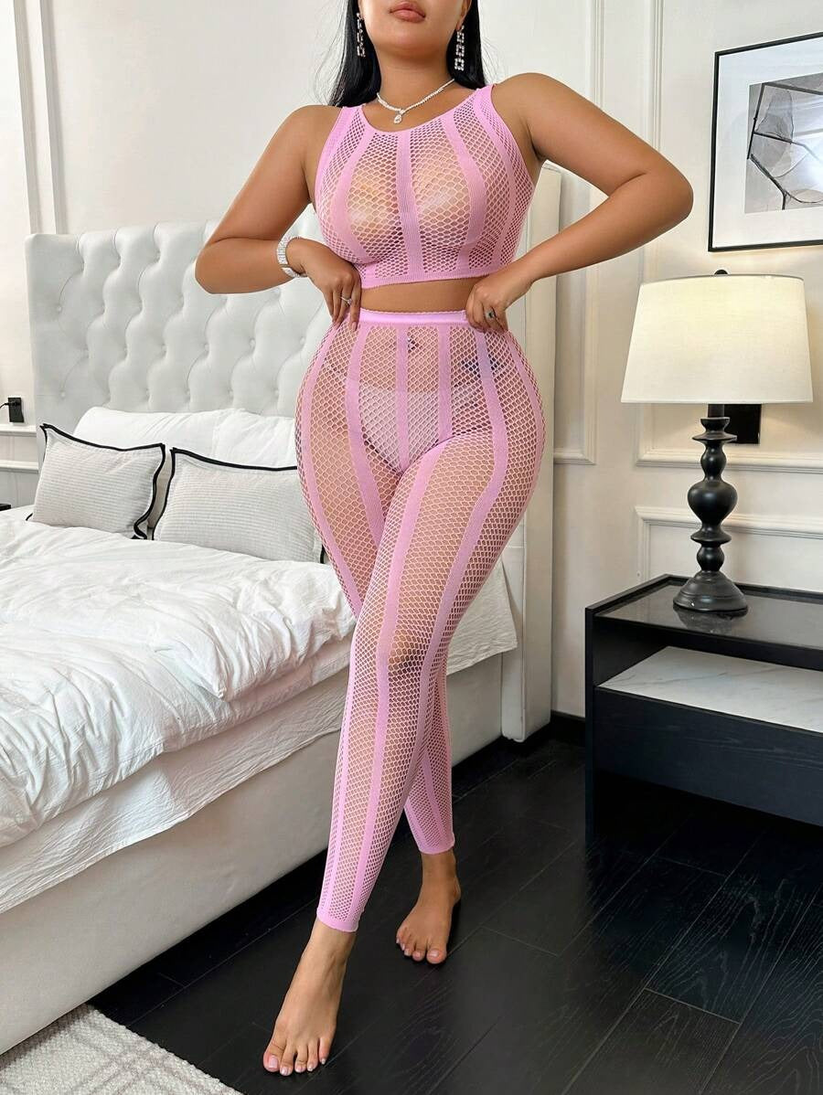 SHEIN طقم لانجري شبكي وردي من قطعتين