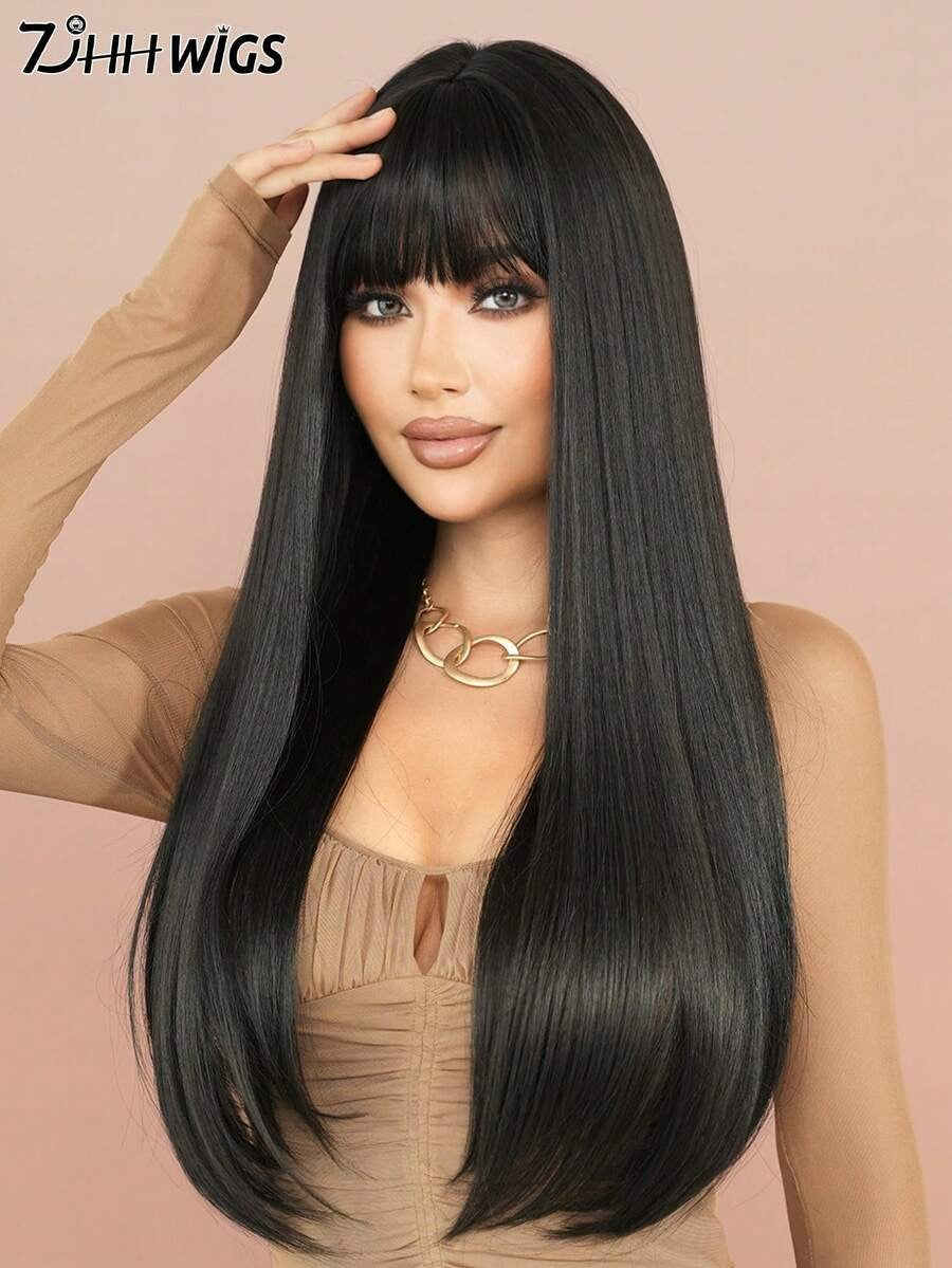 SHEIN 7JHH WIGS شعر ناعم وطويل بلون أسود طبيعي مع غرة