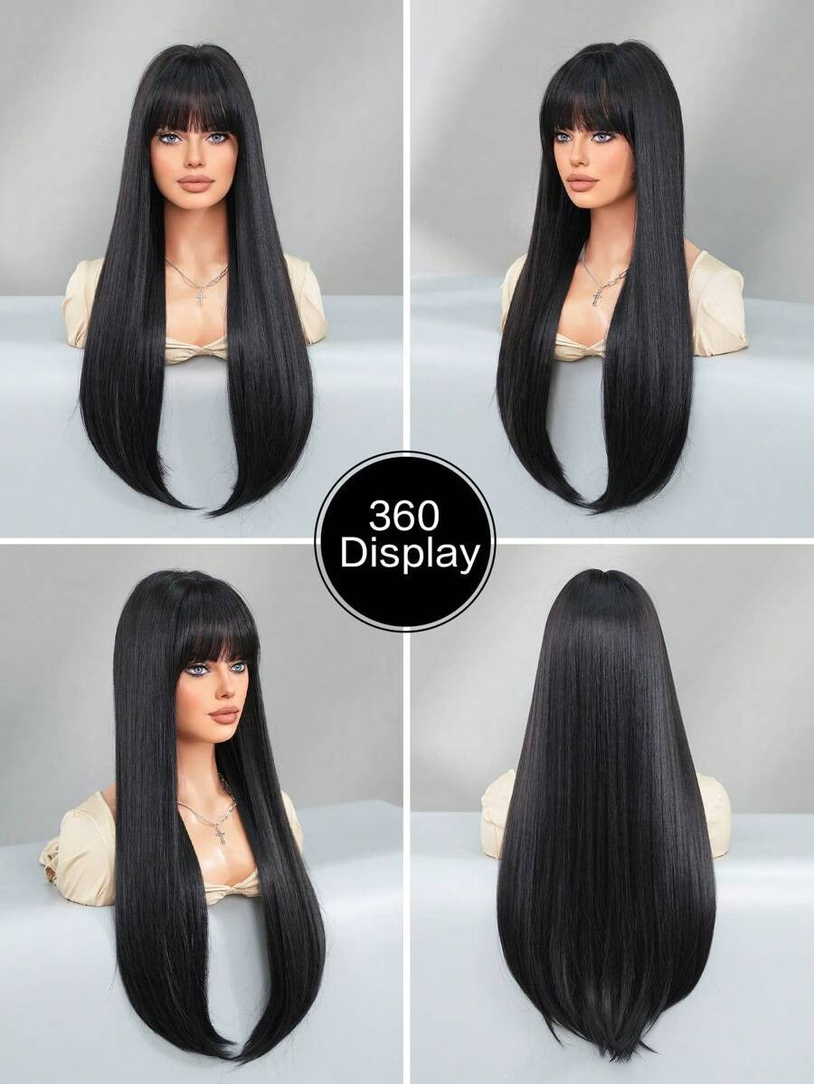SHEIN 7JHH WIGS شعر ناعم وطويل بلون أسود طبيعي مع غرة