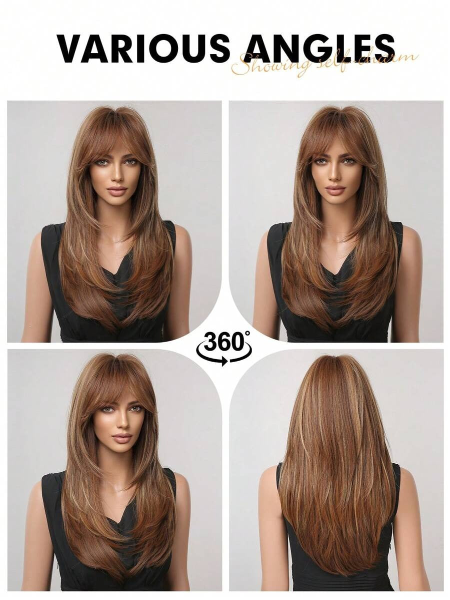 SHEIN باروكة شعر مستقيم بني مظلل مع غرة