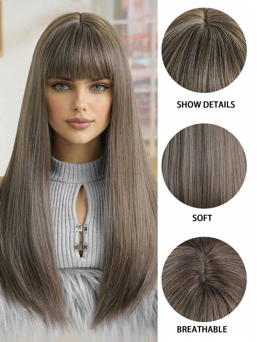 SHEIN باروكة شعر مستقيم بني مع غرة