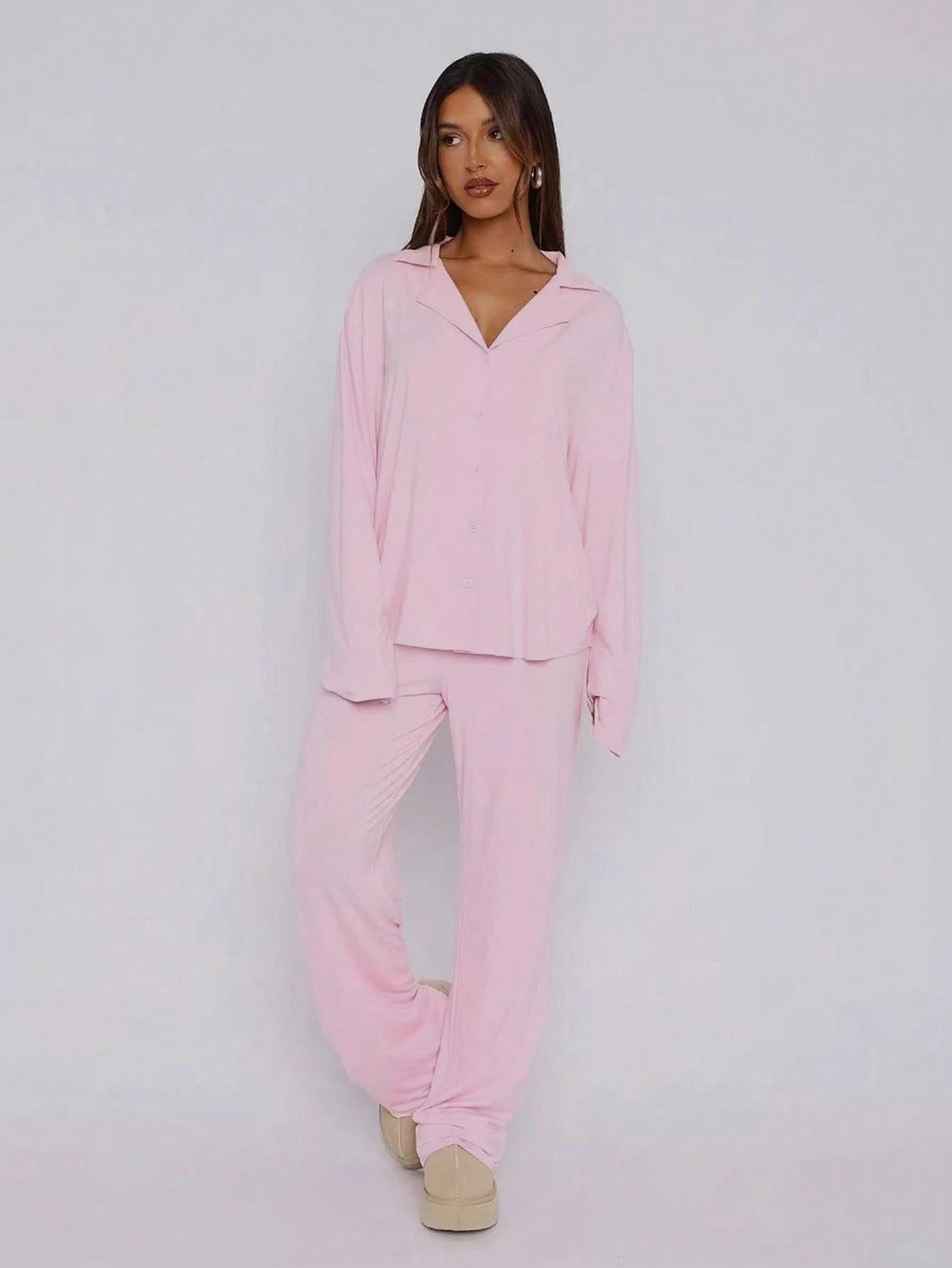 SHEIN طقم بيجامة بلون وردي سادة