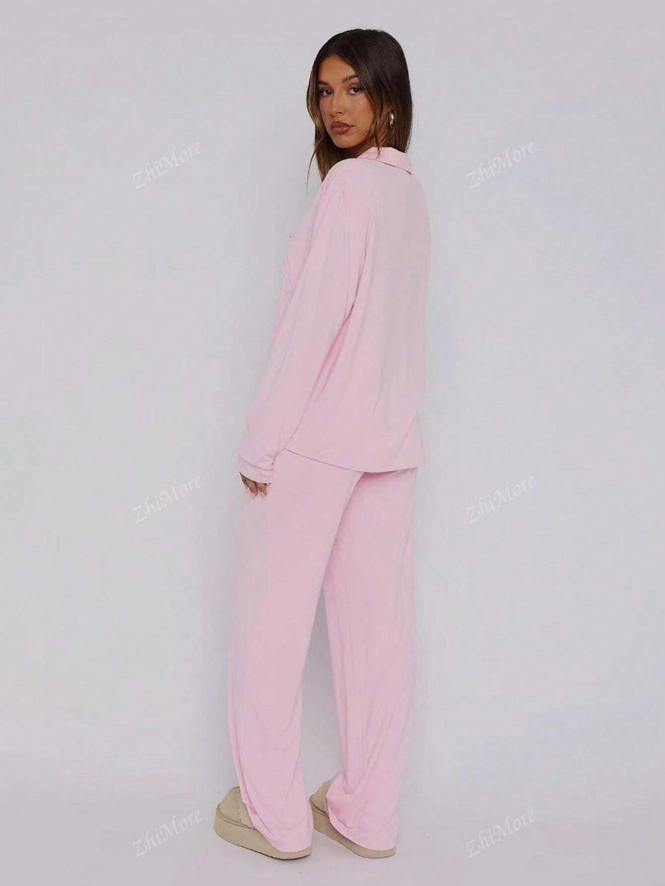 SHEIN طقم بيجامة بلون وردي سادة