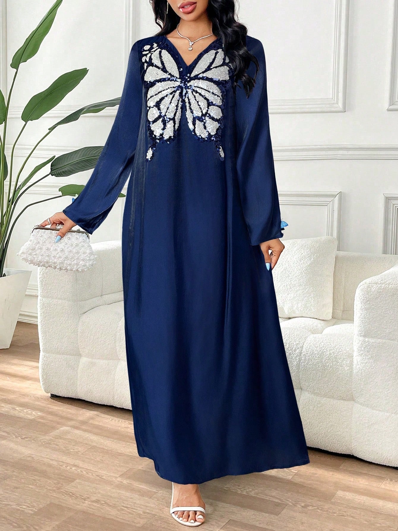 SHEIN Yasmyna V جلابية قفطان أنيقة بياقة مزينة بترتر فراشة