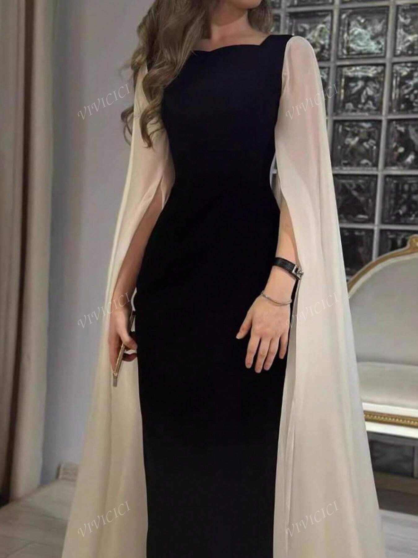 SHEIN فستان ماكسي أنيق بتفاصيل متباينة وياقة مربعة
