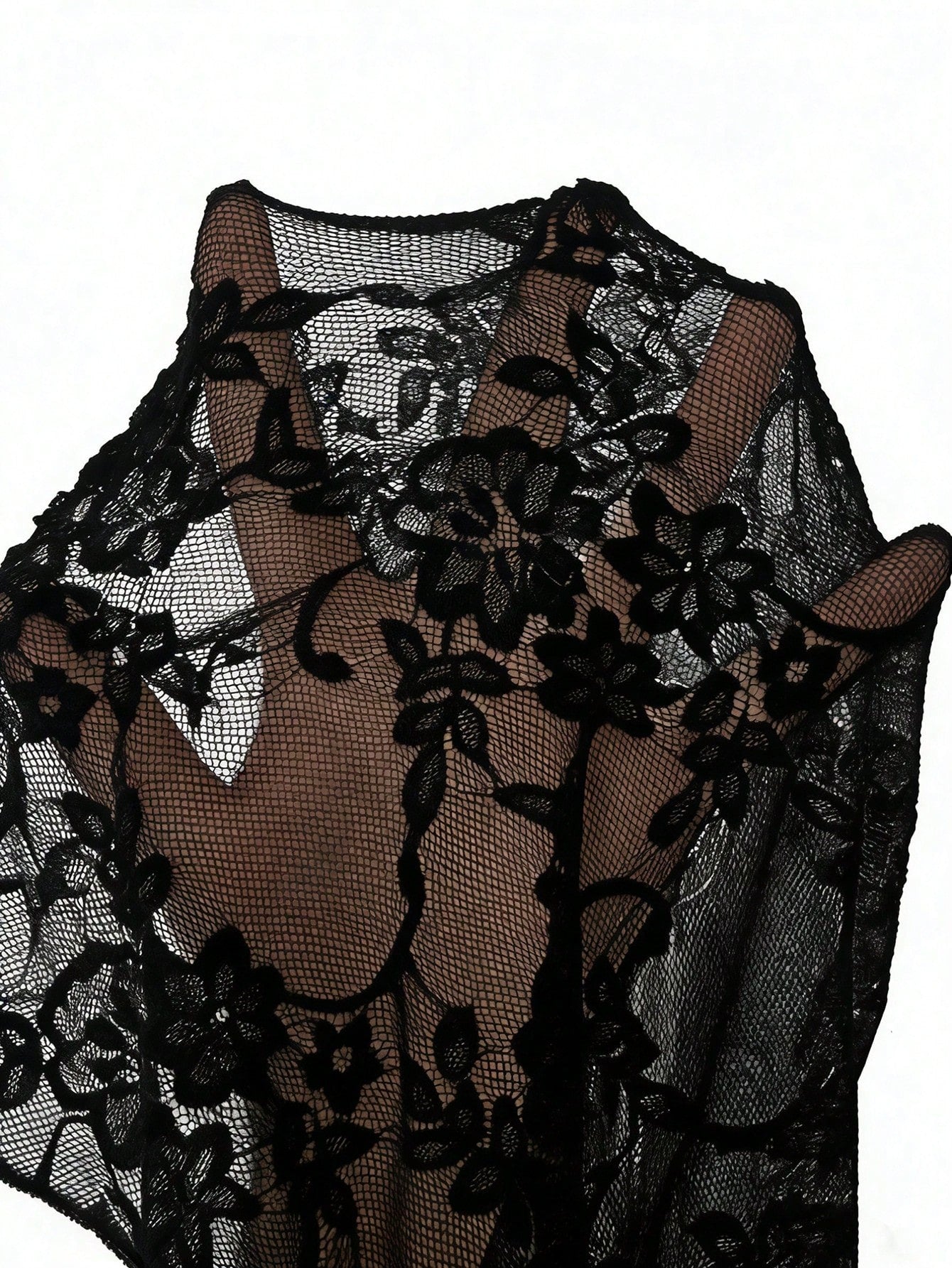 SHEIN Rafferiza فستان أسود طويل الأكمام برقبة غير متماثلة ودانتيل وكشكشة