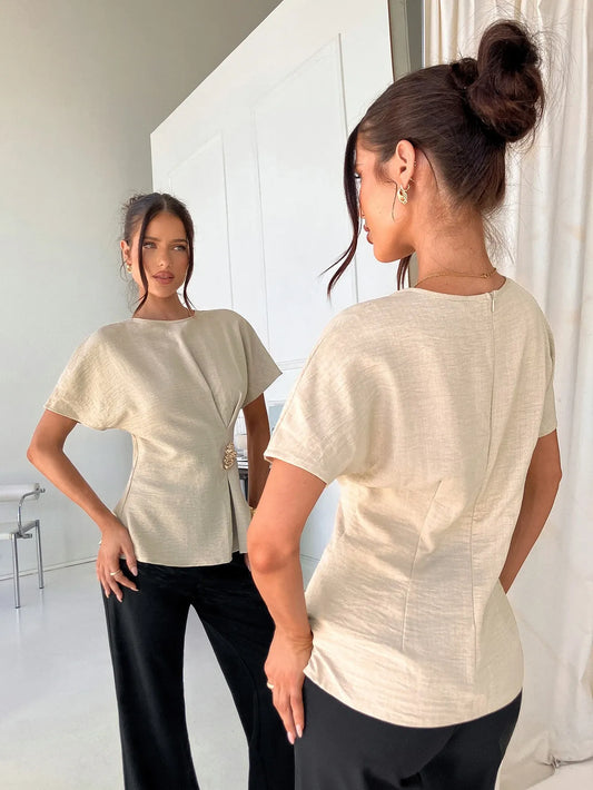 SHEIN Siren Gaze بلوزة نسائية أنيقة بخصر بيبلم وإبزيم معدني