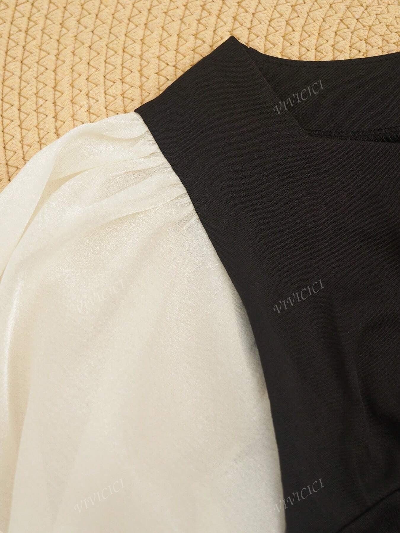 SHEIN فستان ماكسي أنيق بتفاصيل متباينة وياقة مربعة