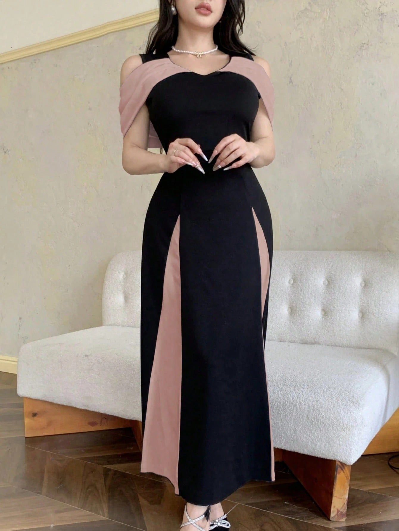 SHEIN Modelyn فستان مبطن مكشوف الكتف بلون مزدوج بحافة كروشيه أنيق