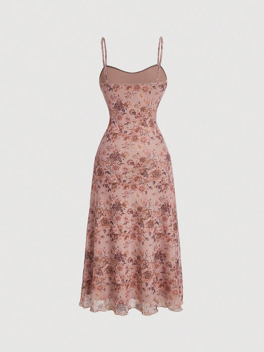 SHEIN MOD فستان ميدي مطبوع بالورود مكشوف الكتف