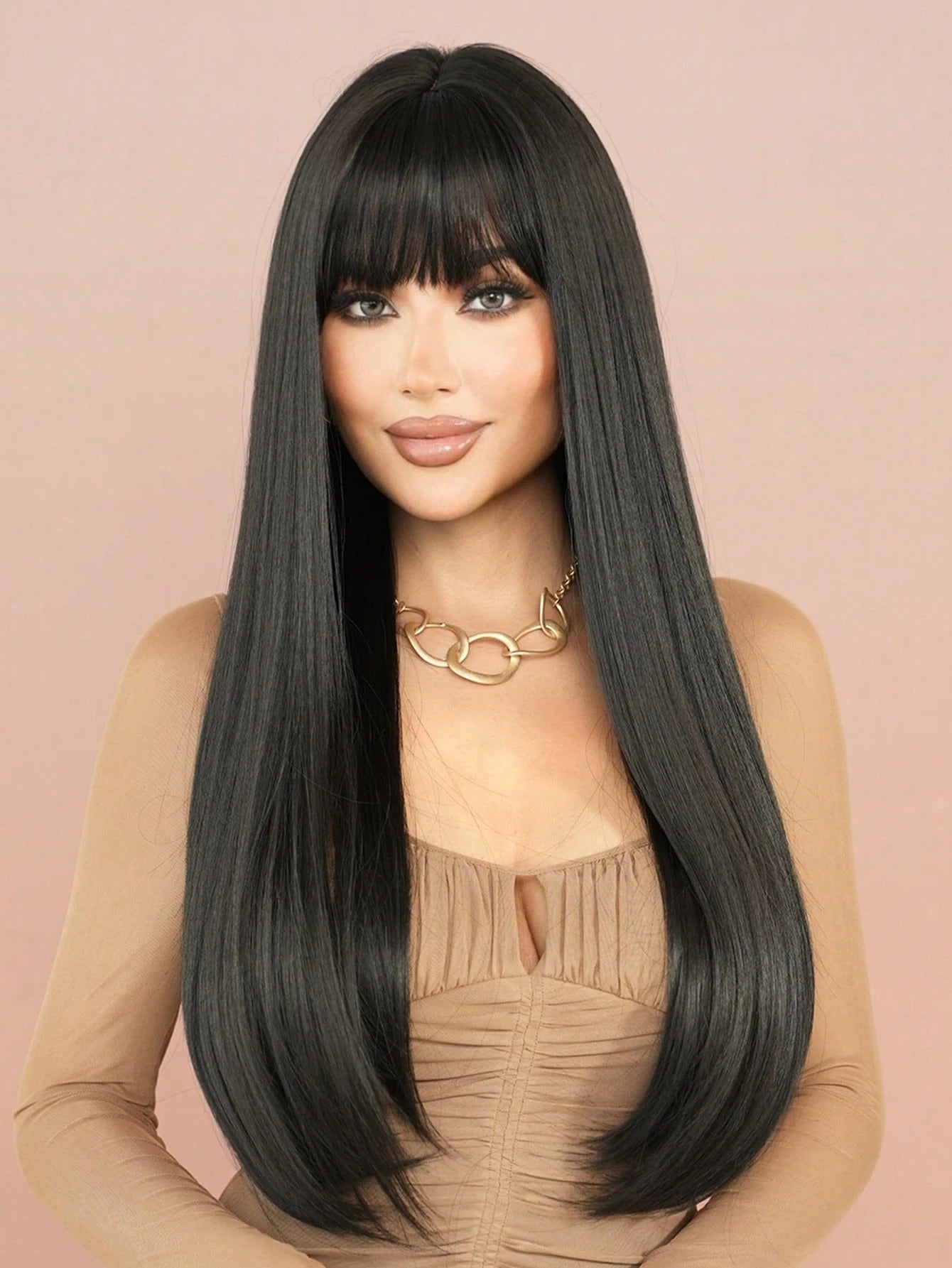 SHEIN 7JHH WIGS شعر ناعم وطويل بلون أسود طبيعي مع غرة