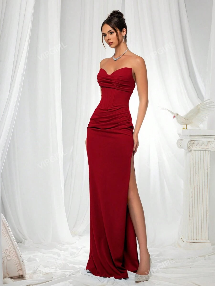 SHEIN VIPGIRL فستان أحمر طويل بدون حمالات