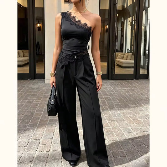 SHEIN Franclia بنطلون بلون الأسود طويل واسع الساق بخصر طبيعي