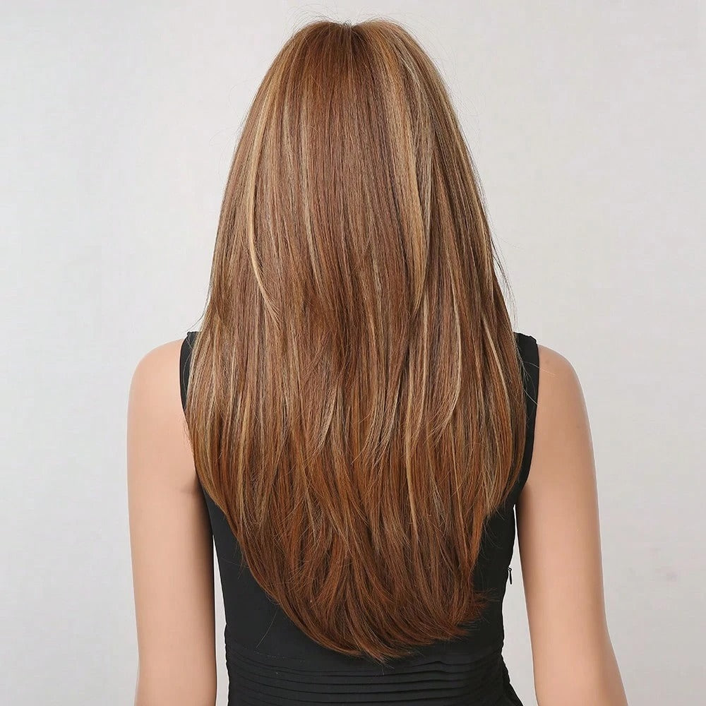 SHEIN باروكة شعر مستقيم بني مظلل مع غرة