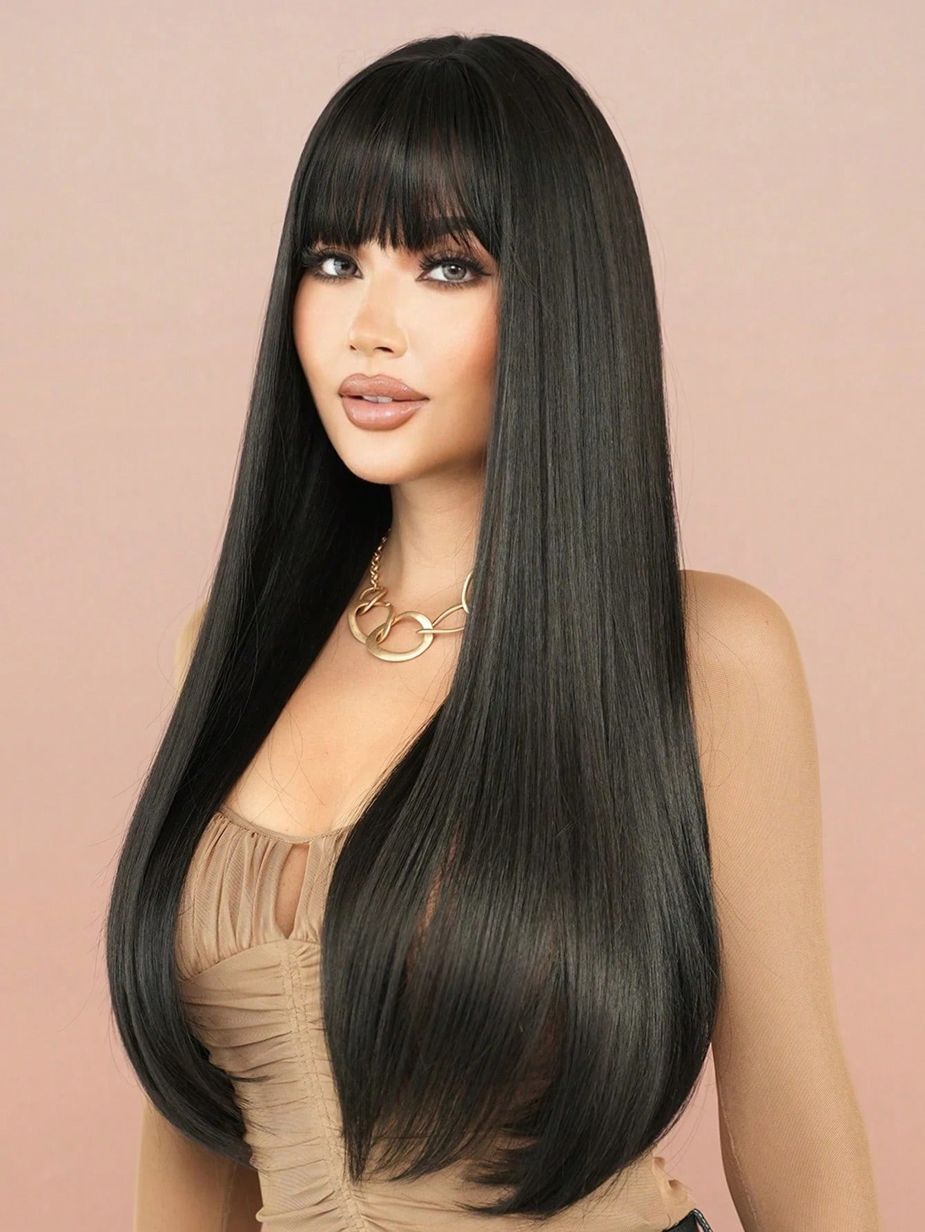SHEIN 7JHH WIGS شعر ناعم وطويل بلون أسود طبيعي مع غرة