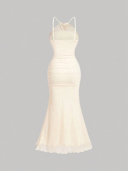 SHEIN MOD فستان طويل مشمشي بياقة حلقية وذيل سمكة