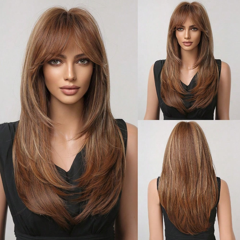 SHEIN باروكة شعر مستقيم بني مظلل مع غرة