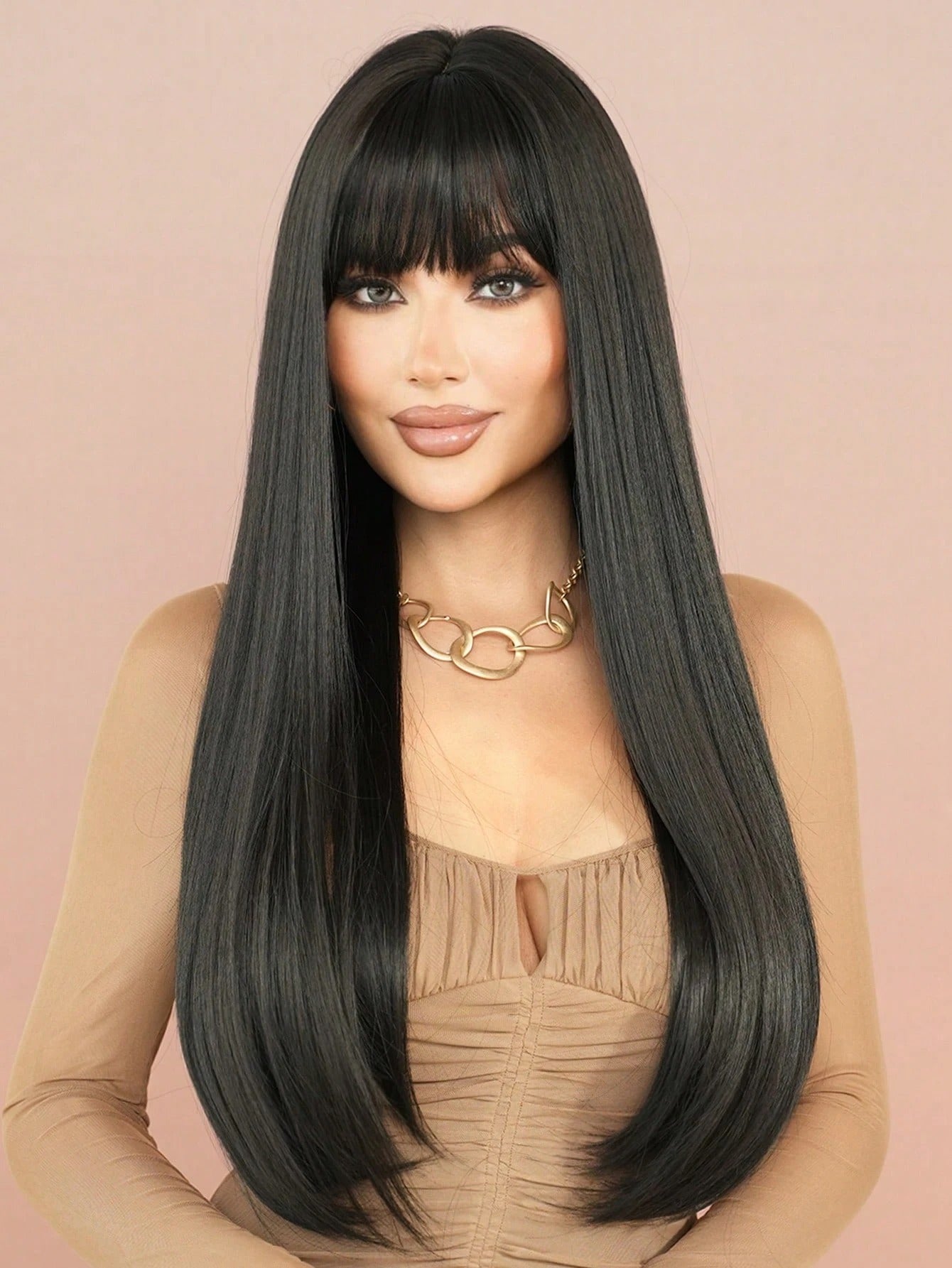 SHEIN 7JHH WIGS شعر ناعم وطويل بلون أسود طبيعي مع غرة